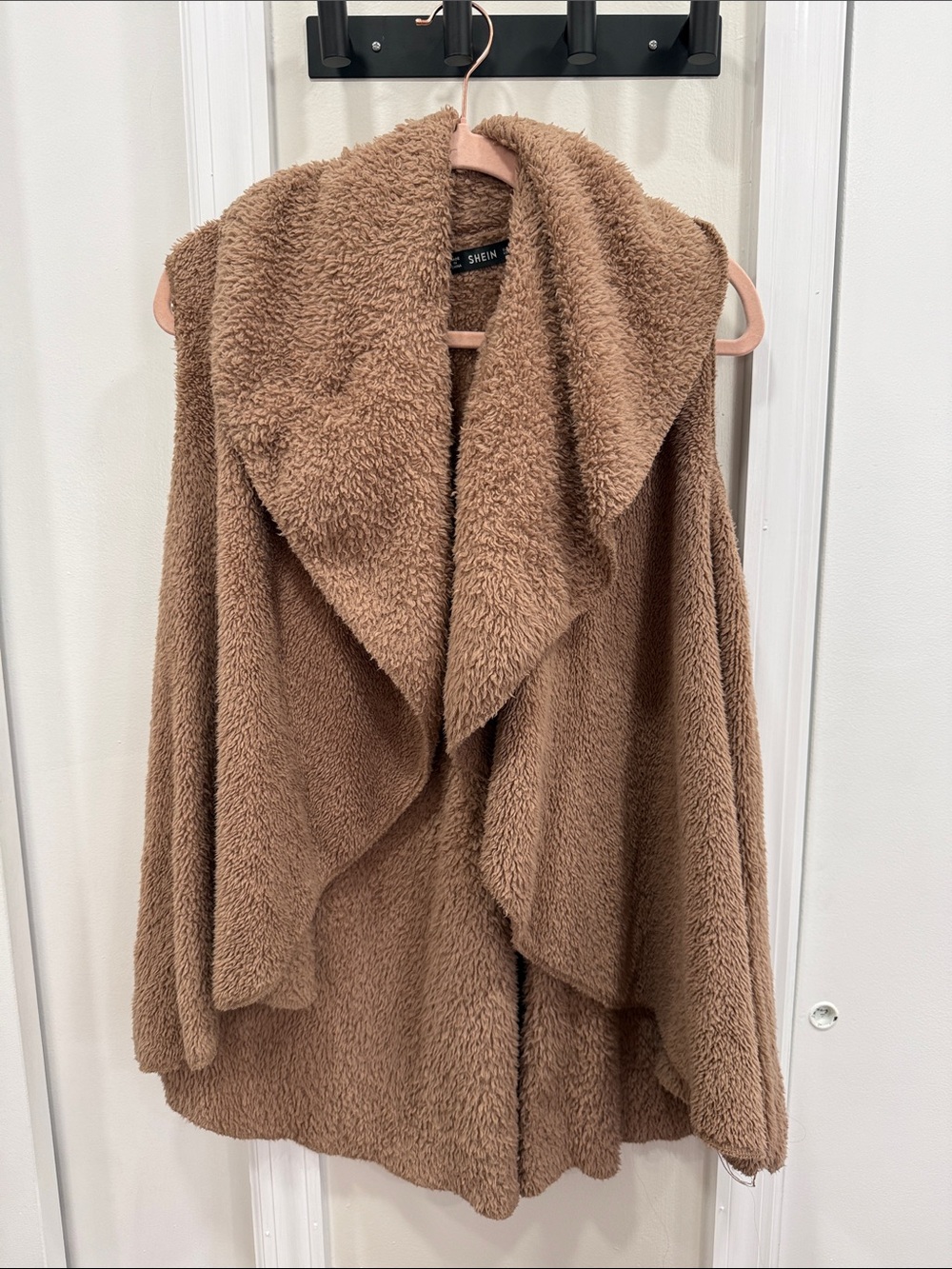 SHEIN Brown Faux Sherpa Draped Open-Front Vest